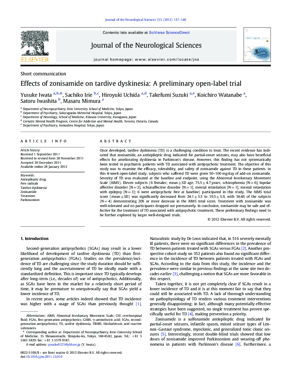 عکس صفحه اول مقاله: Effects of zonisamide on tardive dyskinesia: A preliminary open-label trial Effects of zonisamide on tardive dyskinesia: A preliminary open-label trial
