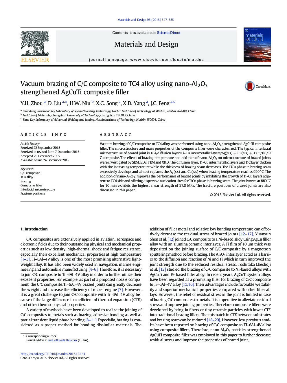 Vacuum brazing of C/C composite to TC4 alloy using nano-Al2O3 strengthened AgCuTi composite filler