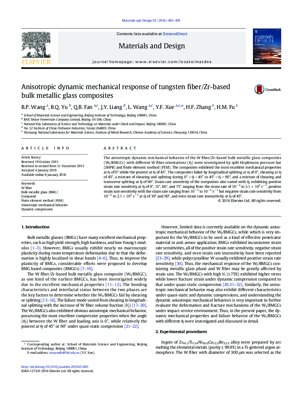 Anisotropic dynamic mechanical response of tungsten fiber/Zr-based bulk metallic glass composites