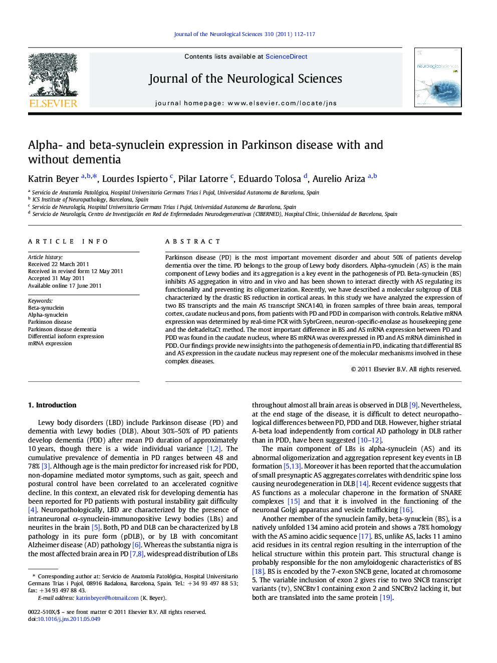 Alpha- and beta-synuclein expression in Parkinson disease with and without dementia