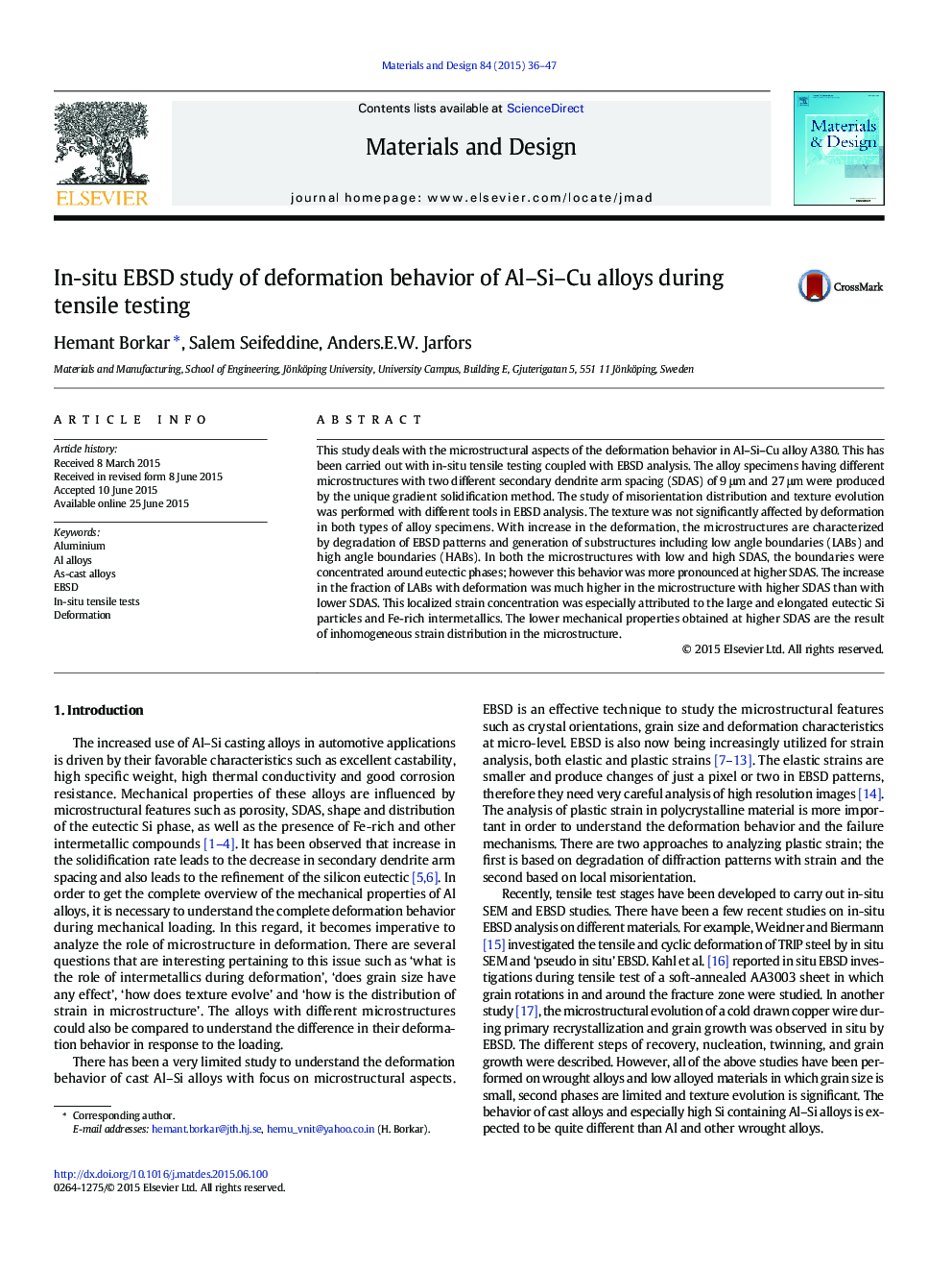 In-situ EBSD study of deformation behavior of Al–Si–Cu alloys during tensile testing