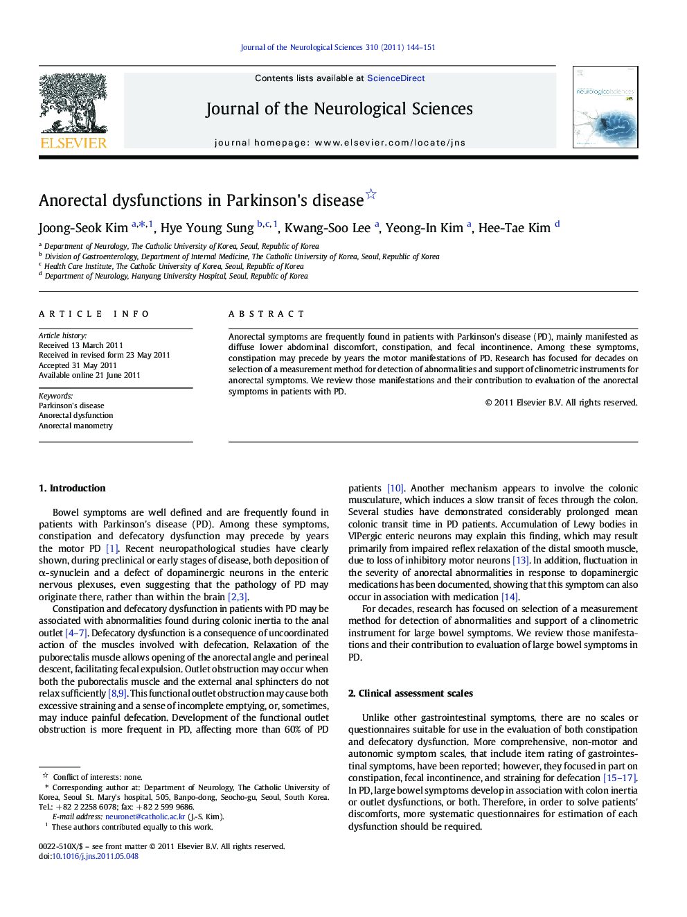 Anorectal dysfunctions in Parkinson's disease