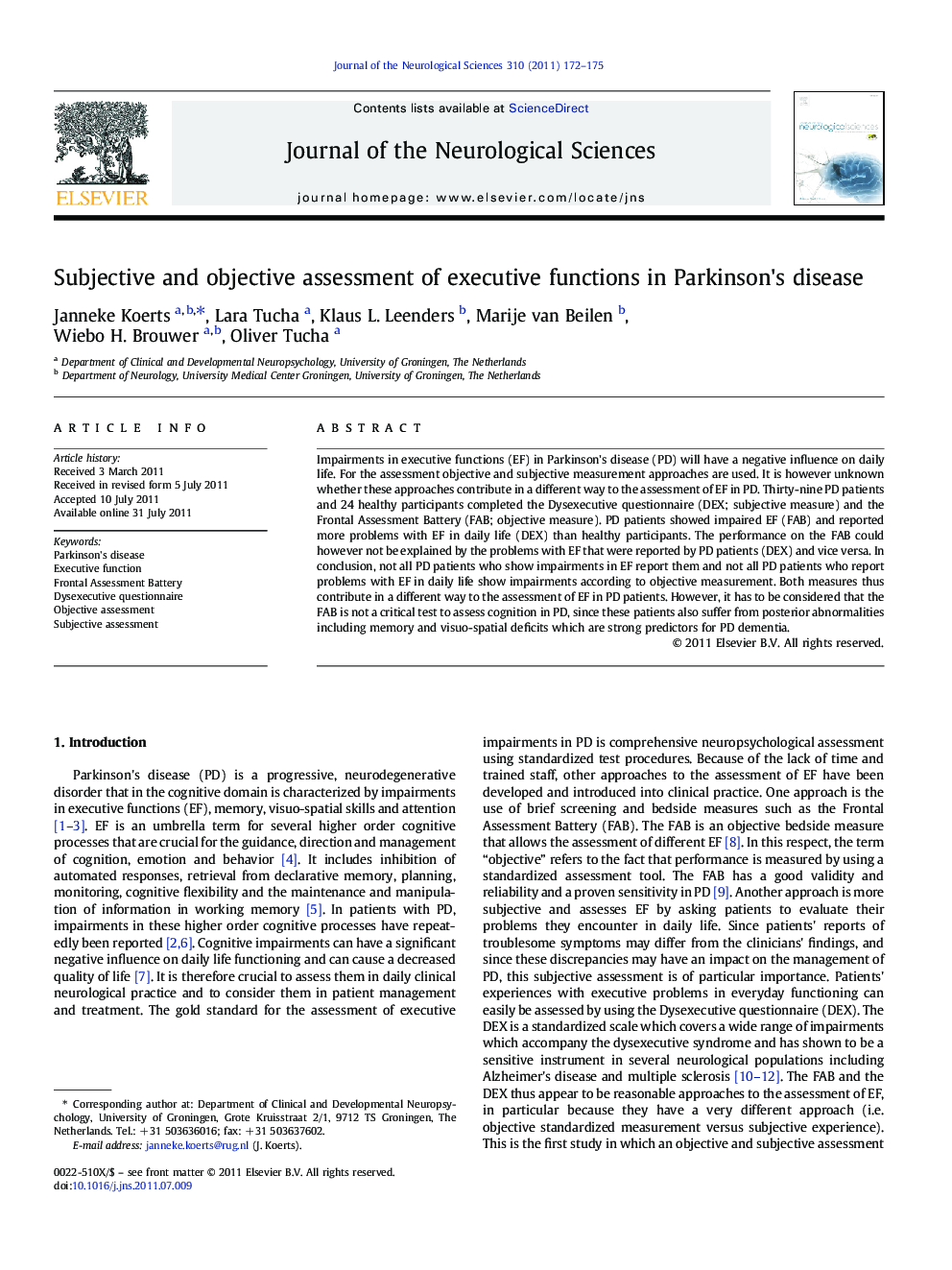 Subjective and objective assessment of executive functions in Parkinson's disease