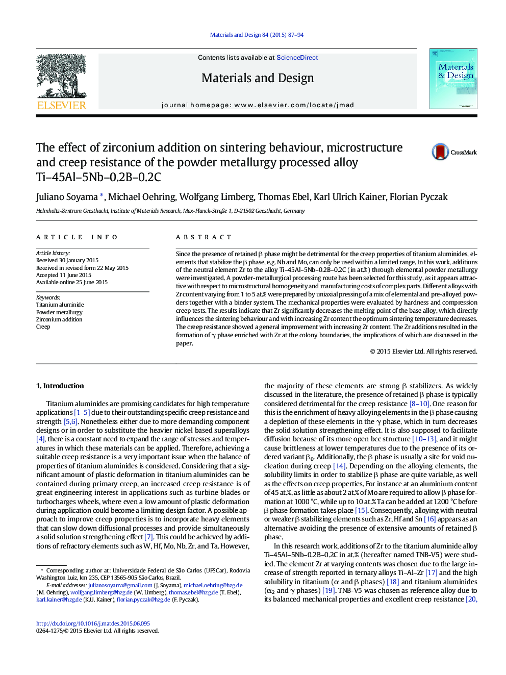 The effect of zirconium addition on sintering behaviour, microstructure and creep resistance of the powder metallurgy processed alloy Ti–45Al–5Nb–0.2B–0.2C