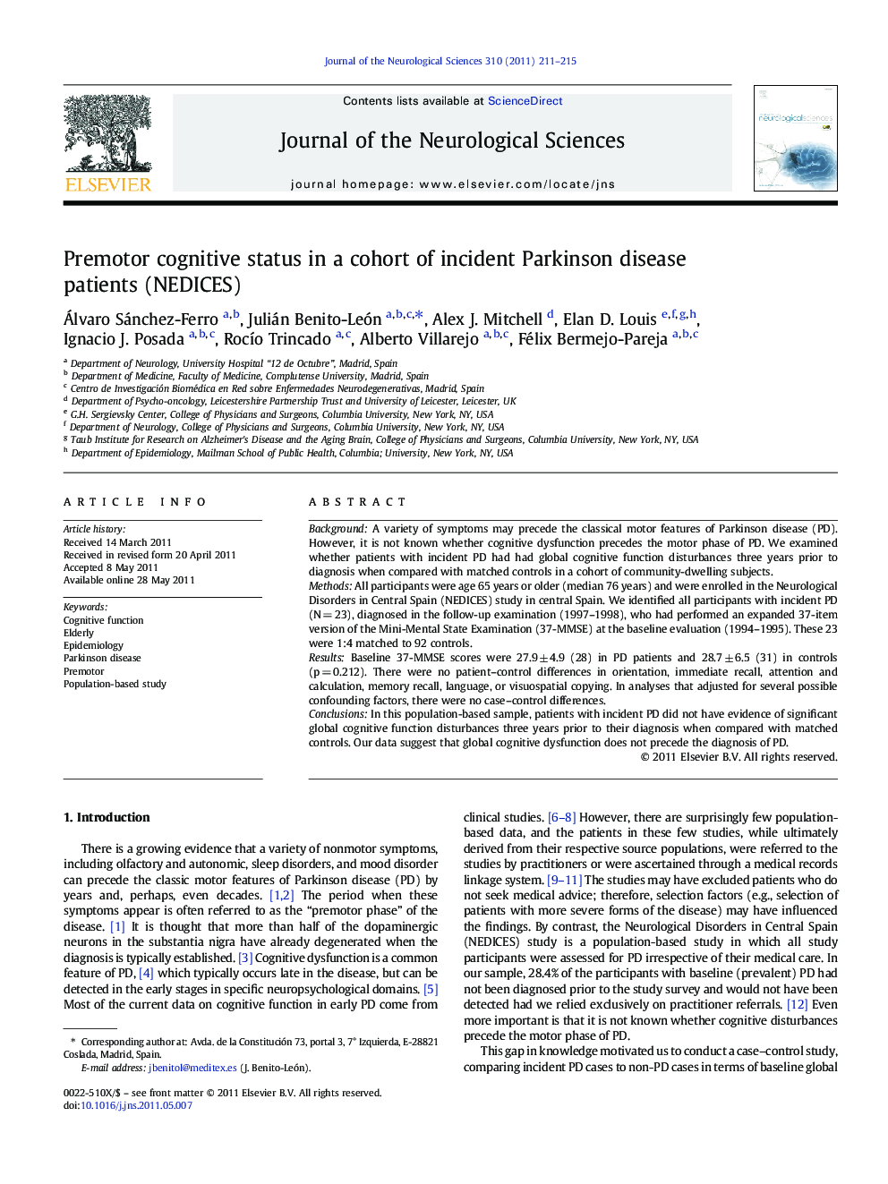 Premotor cognitive status in a cohort of incident Parkinson disease patients (NEDICES)