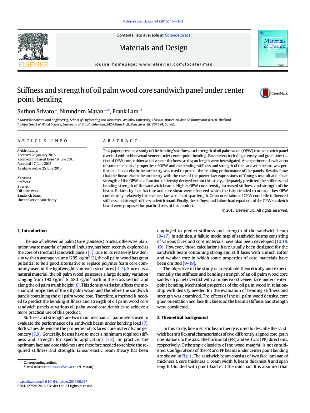 Stiffness and strength of oil palm wood core sandwich panel under center point bending