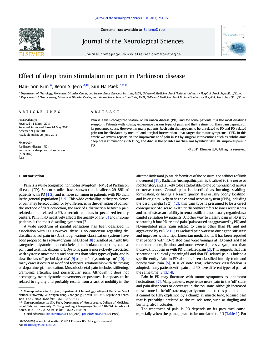 Effect of deep brain stimulation on pain in Parkinson disease