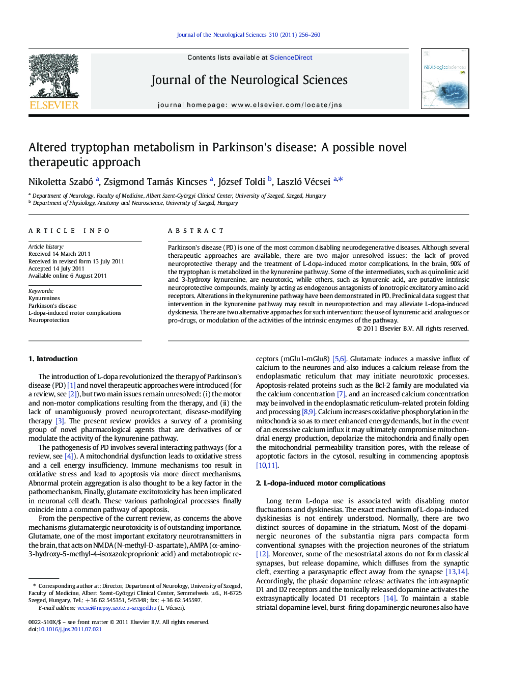 Altered tryptophan metabolism in Parkinson's disease: A possible novel therapeutic approach