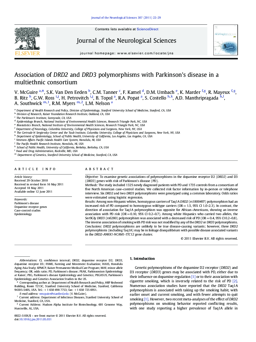 Association of DRD2 and DRD3 polymorphisms with Parkinson's disease in a multiethnic consortium