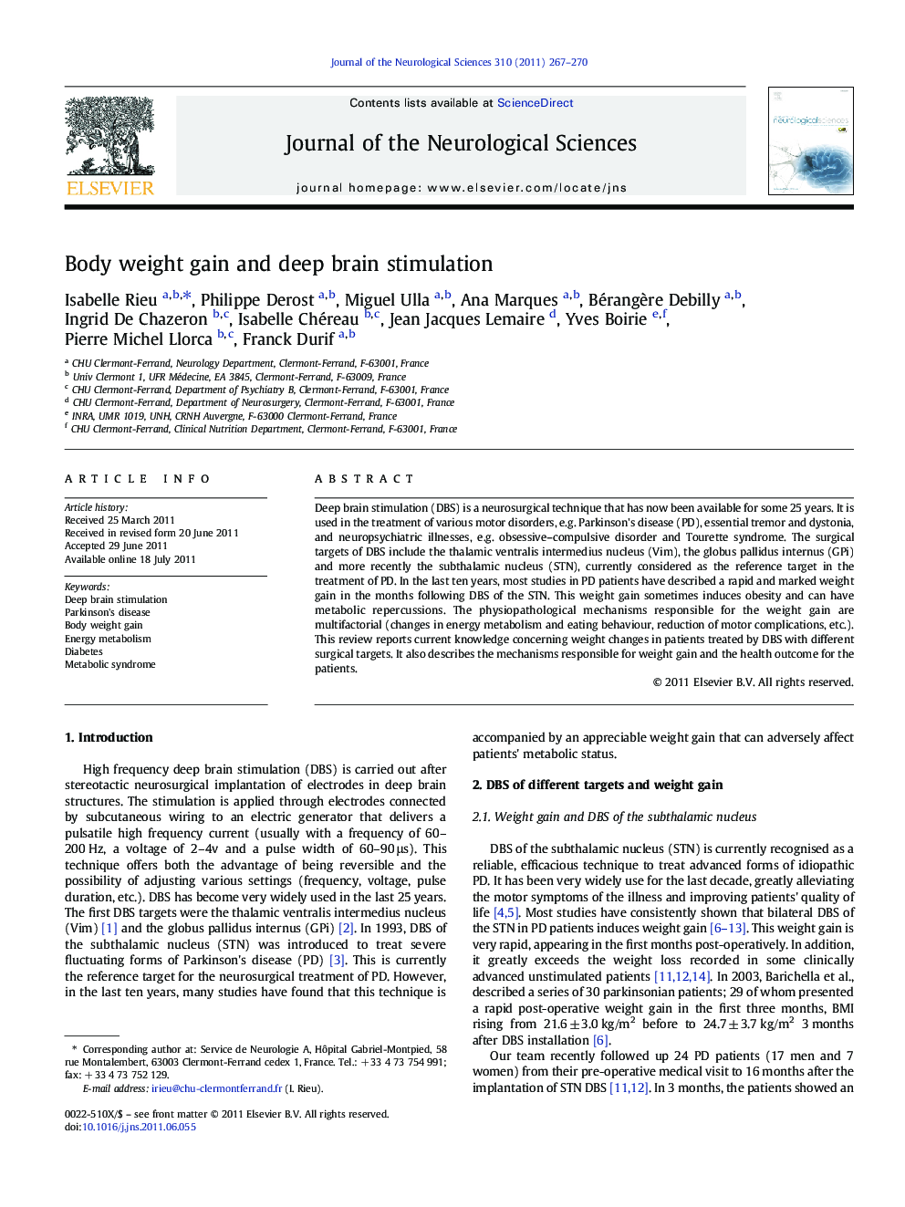 Body weight gain and deep brain stimulation