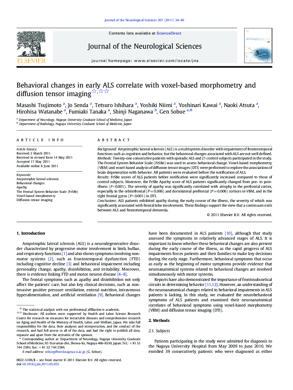 Behavioral changes in early ALS correlate with voxel-based morphometry and diffusion tensor imaging