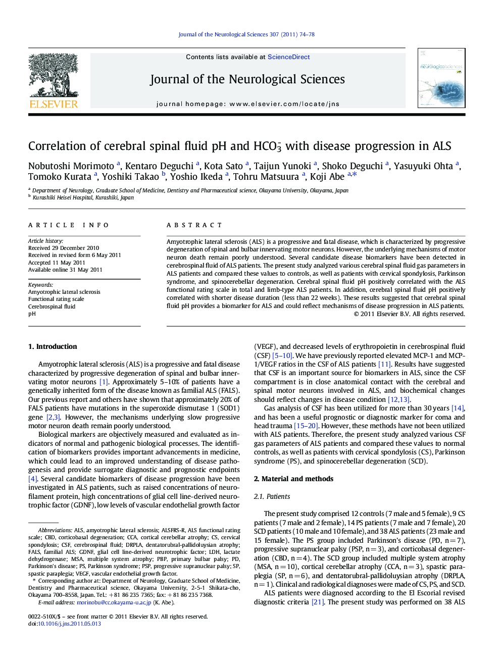 Correlation of cerebral spinal fluid pH and HCO3- with disease progression in ALS