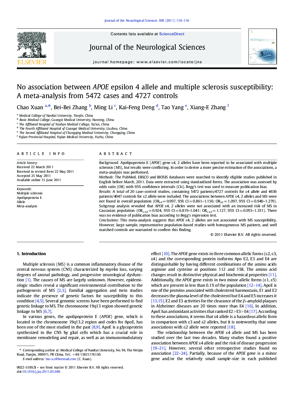 No association between APOE epsilon 4 allele and multiple sclerosis susceptibility: A meta-analysis from 5472 cases and 4727 controls