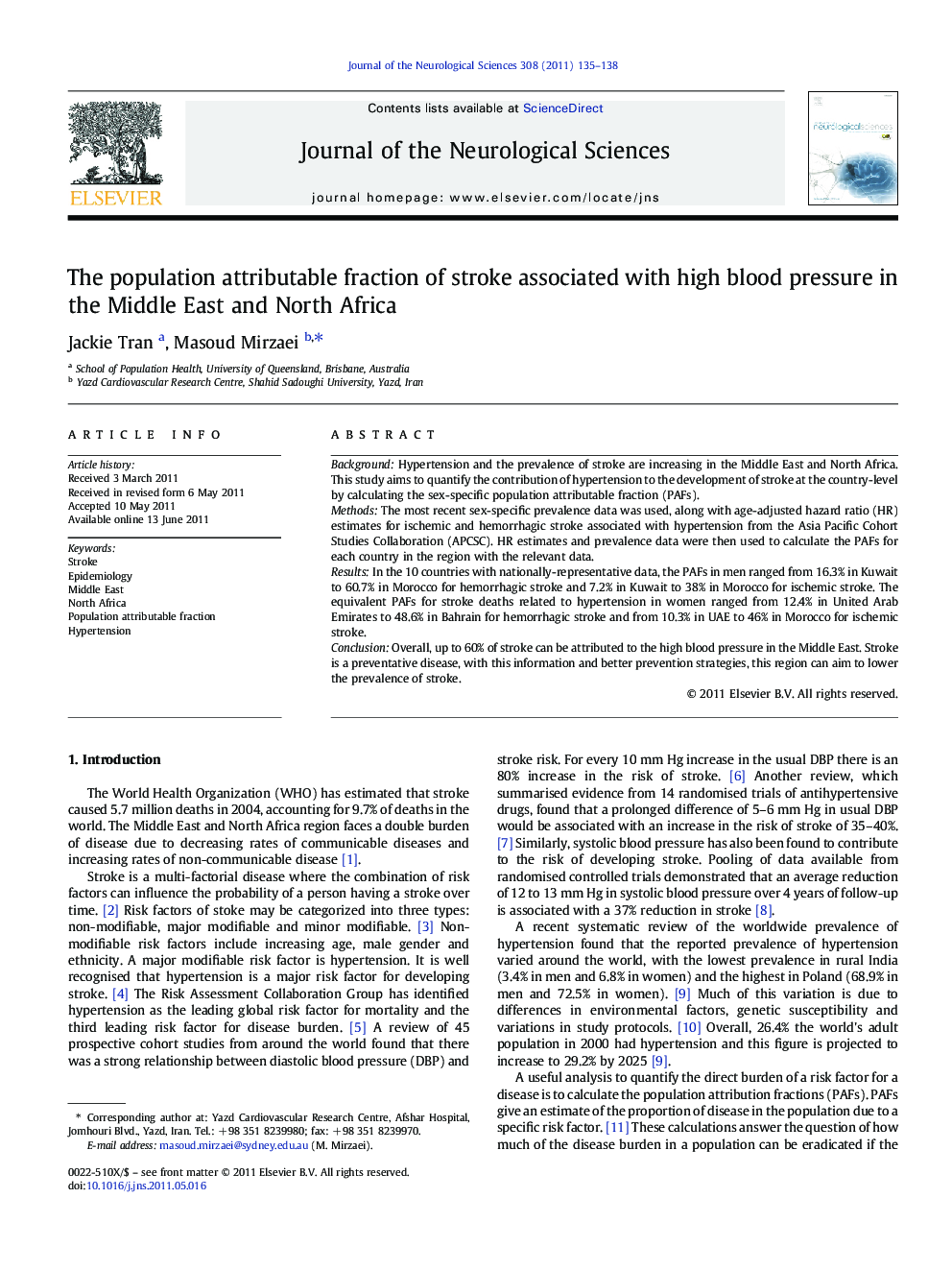 The population attributable fraction of stroke associated with high blood pressure in the Middle East and North Africa