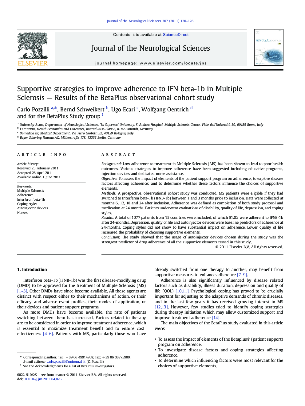 Supportive strategies to improve adherence to IFN beta-1b in Multiple Sclerosis - Results of the BetaPlus observational cohort study