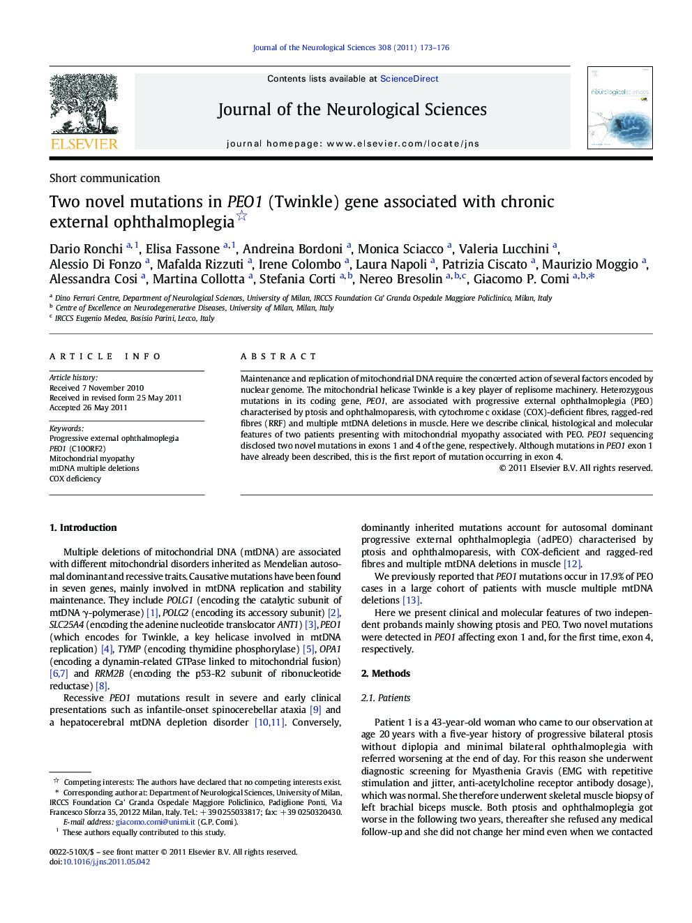 Two novel mutations in PEO1 (Twinkle) gene associated with chronic external ophthalmoplegia