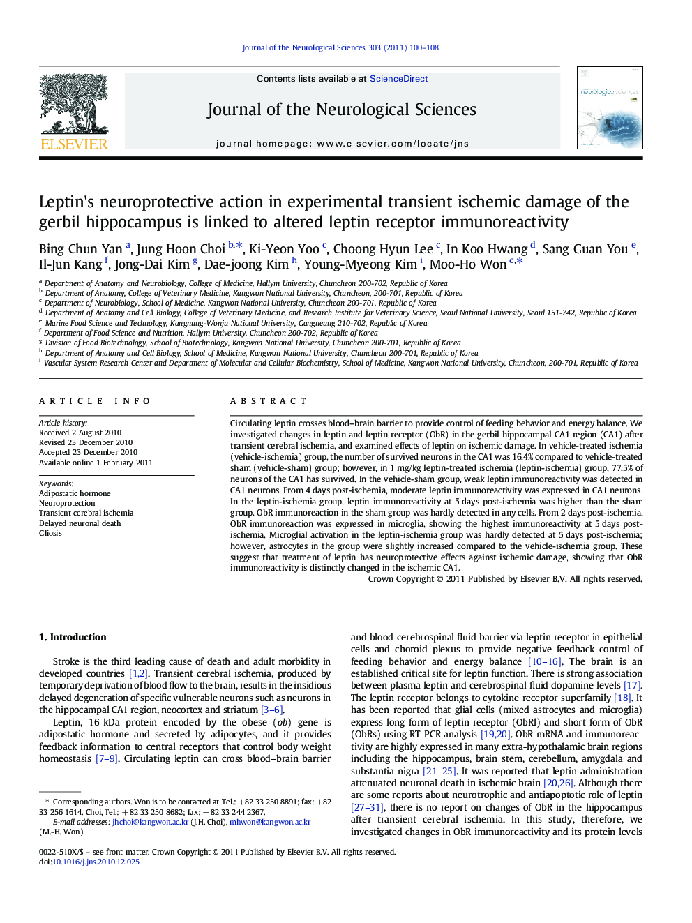 Leptin's neuroprotective action in experimental transient ischemic damage of the gerbil hippocampus is linked to altered leptin receptor immunoreactivity