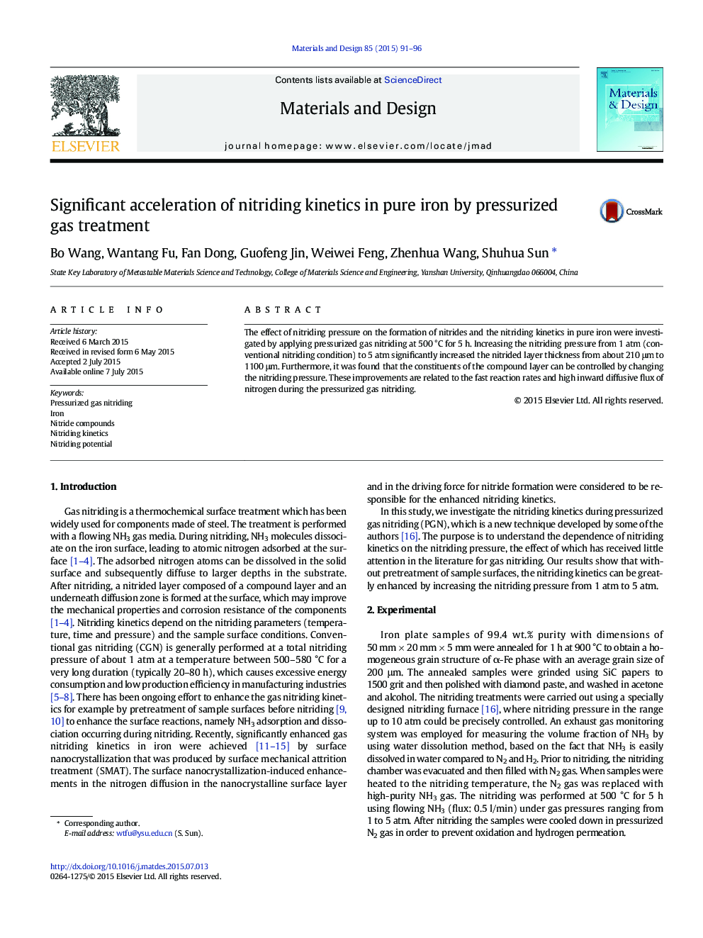 Significant acceleration of nitriding kinetics in pure iron by pressurized gas treatment