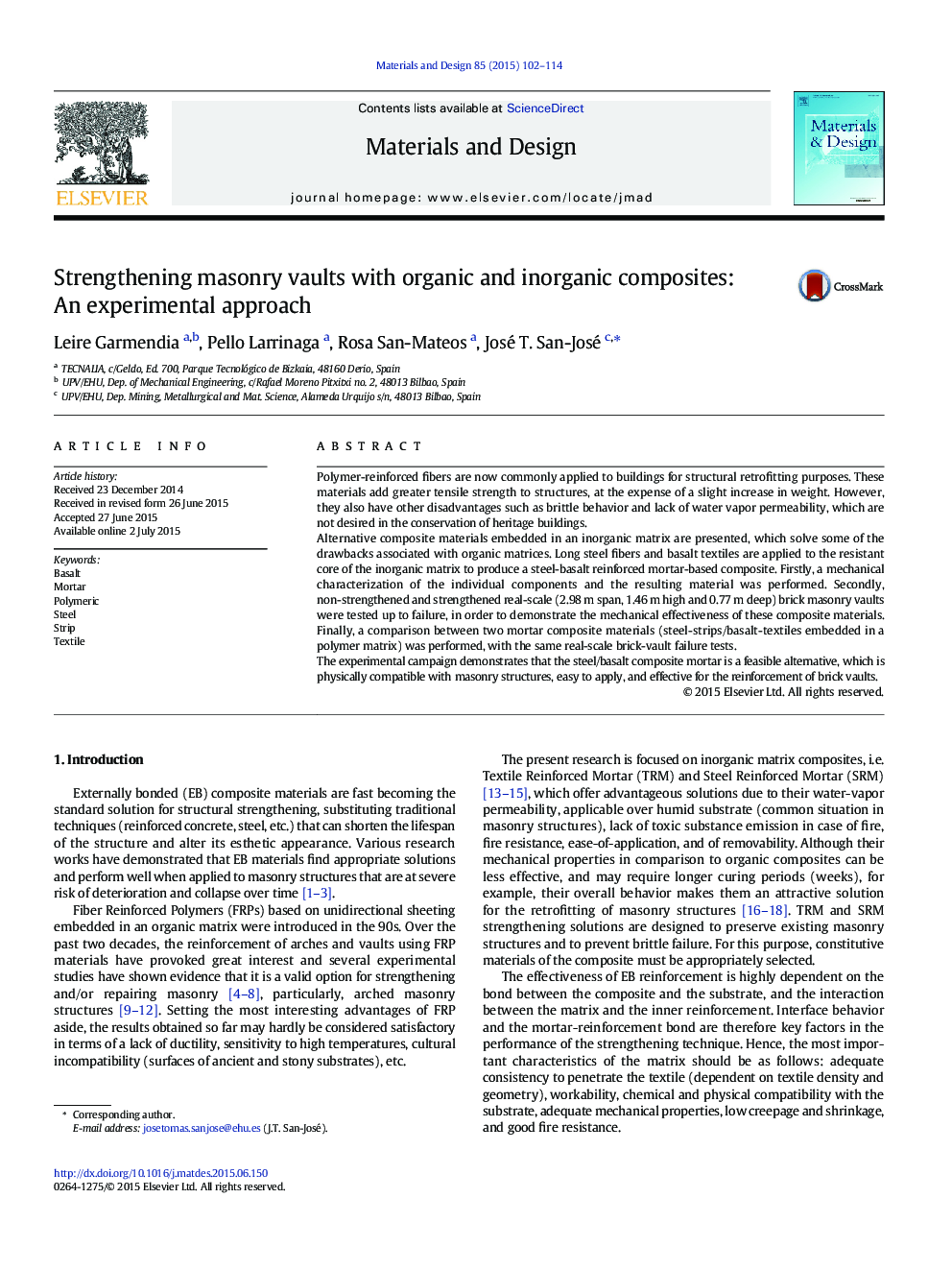 Strengthening masonry vaults with organic and inorganic composites: An experimental approach