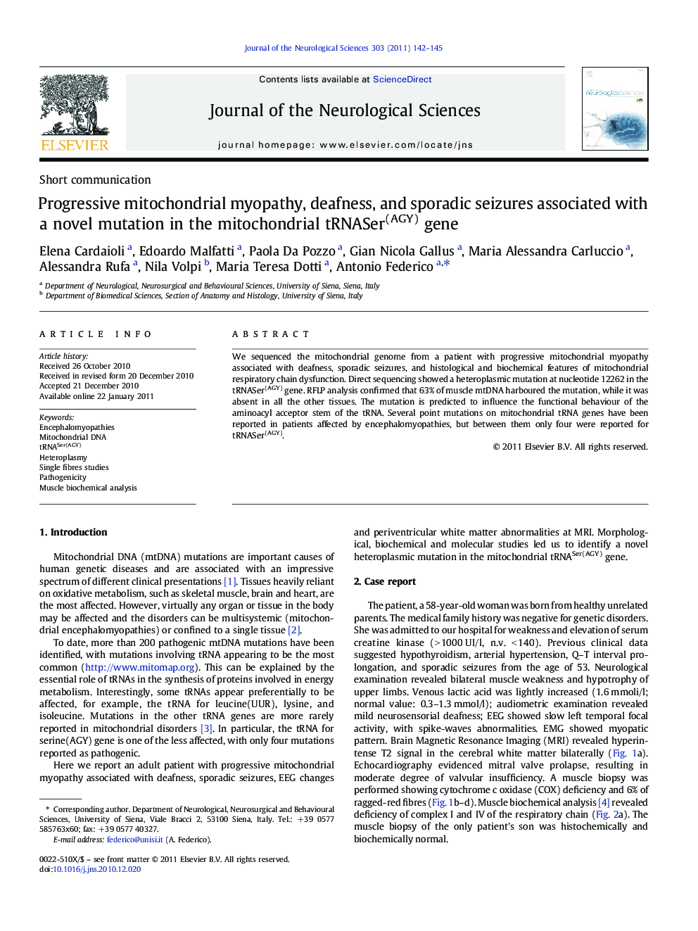 Progressive mitochondrial myopathy, deafness, and sporadic seizures associated with a novel mutation in the mitochondrial tRNASer(AGY) gene