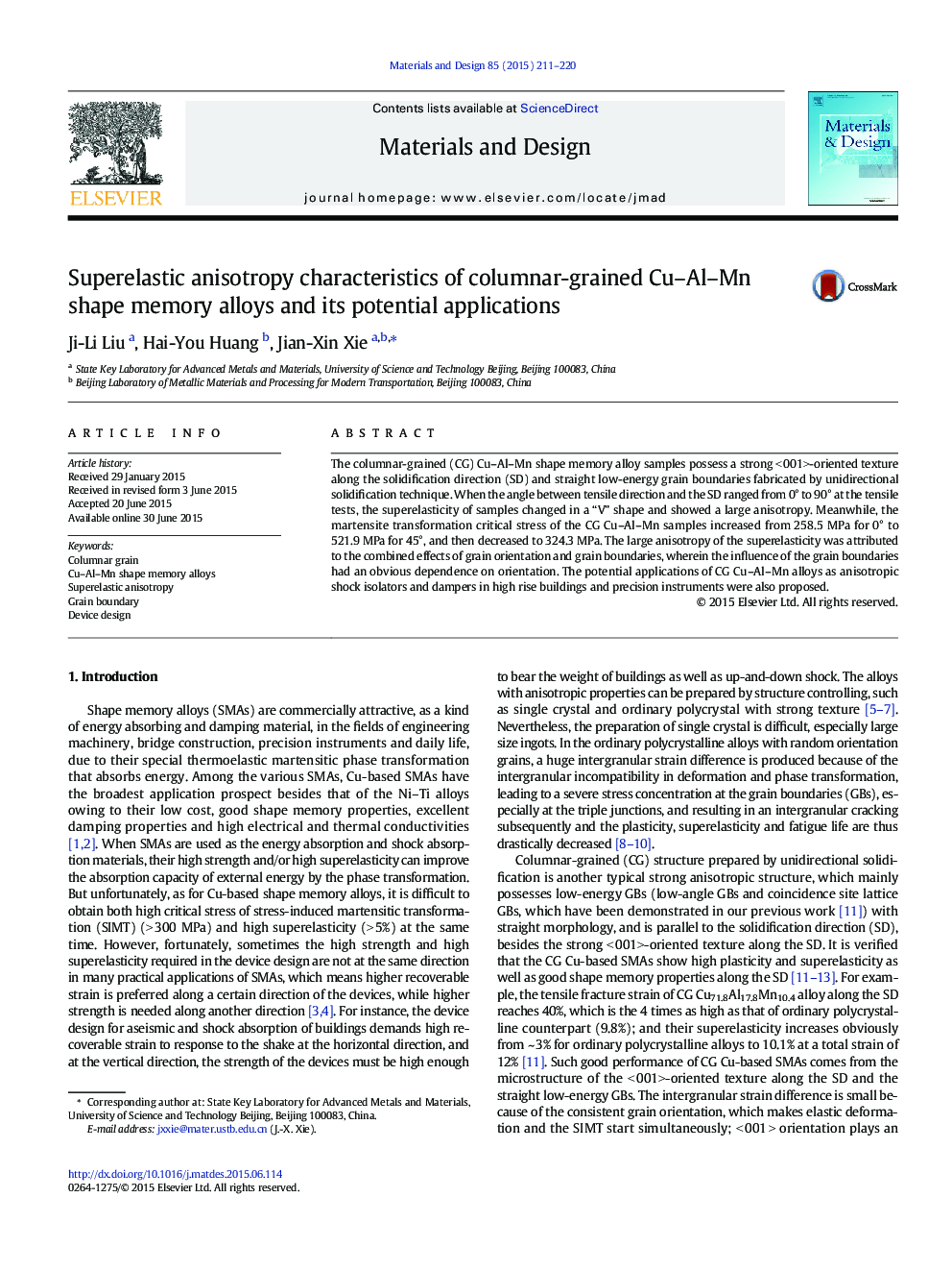Superelastic anisotropy characteristics of columnar-grained Cu–Al–Mn shape memory alloys and its potential applications