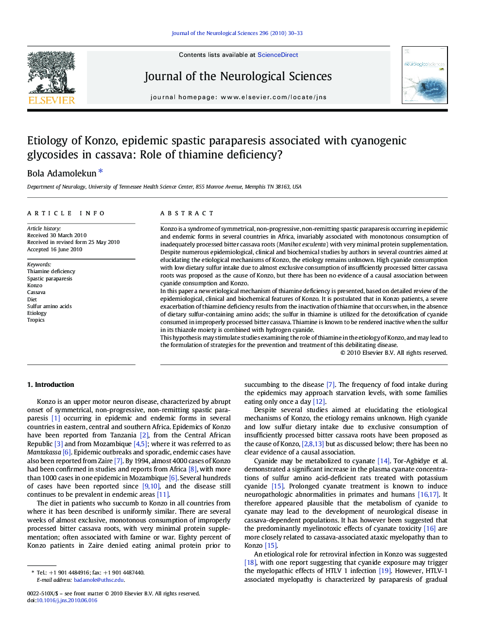 Etiology of Konzo, epidemic spastic paraparesis associated with cyanogenic glycosides in cassava: Role of thiamine deficiency?