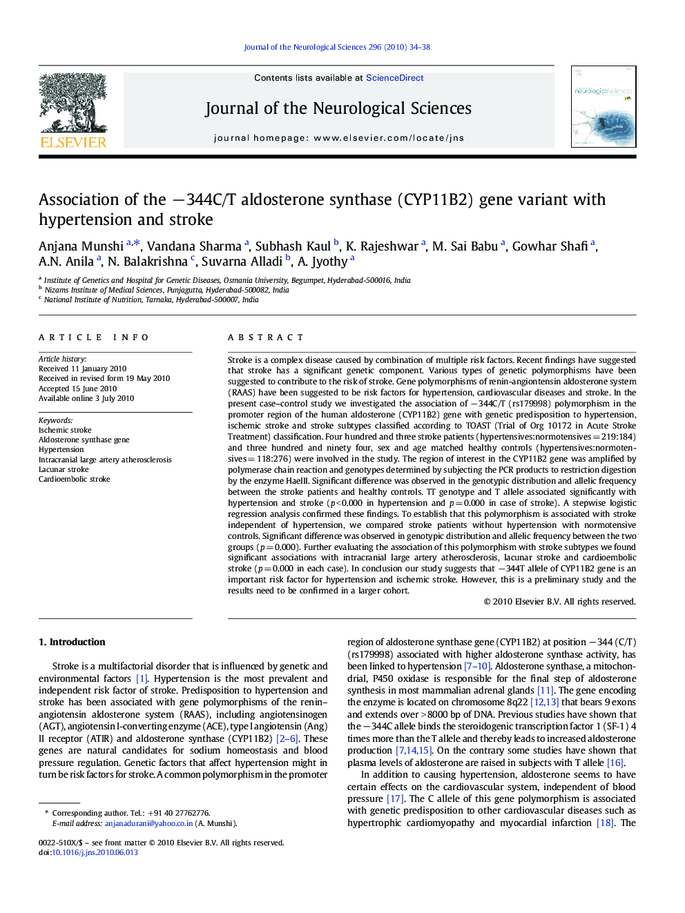 Association of the â344C/T aldosterone synthase (CYP11B2) gene variant with hypertension and stroke