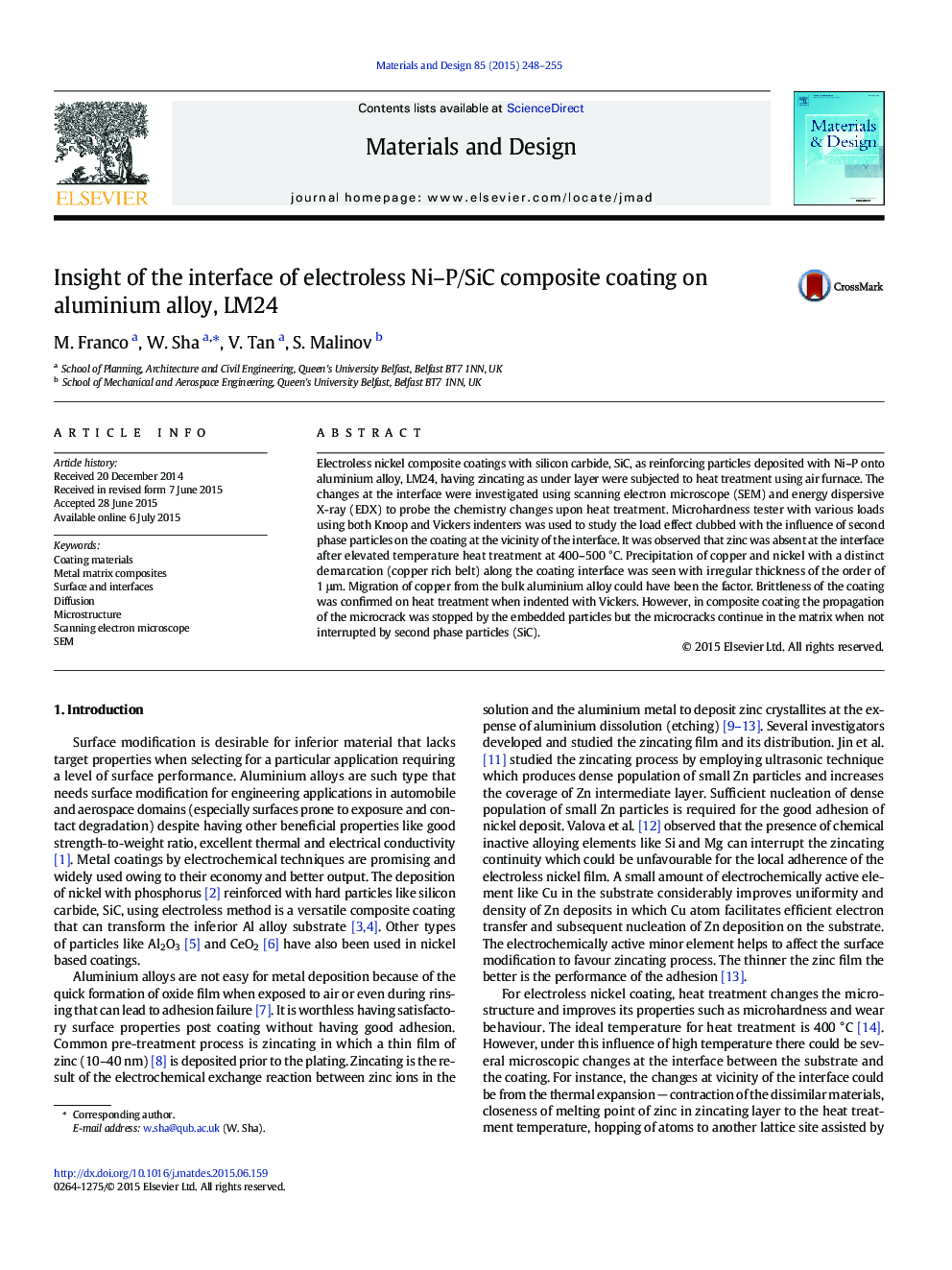 Insight of the interface of electroless Ni–P/SiC composite coating on aluminium alloy, LM24