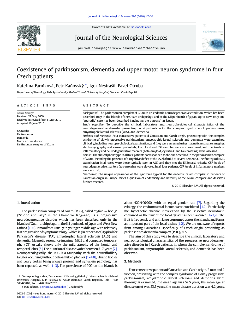 Coexistence of parkinsonism, dementia and upper motor neuron syndrome in four Czech patients