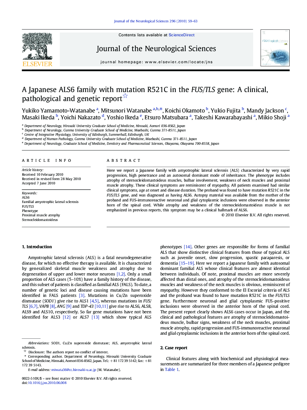 A Japanese ALS6 family with mutation R521C in the FUS/TLS gene: A clinical, pathological and genetic report