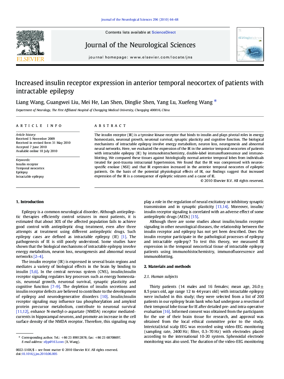 Increased insulin receptor expression in anterior temporal neocortex of patients with intractable epilepsy