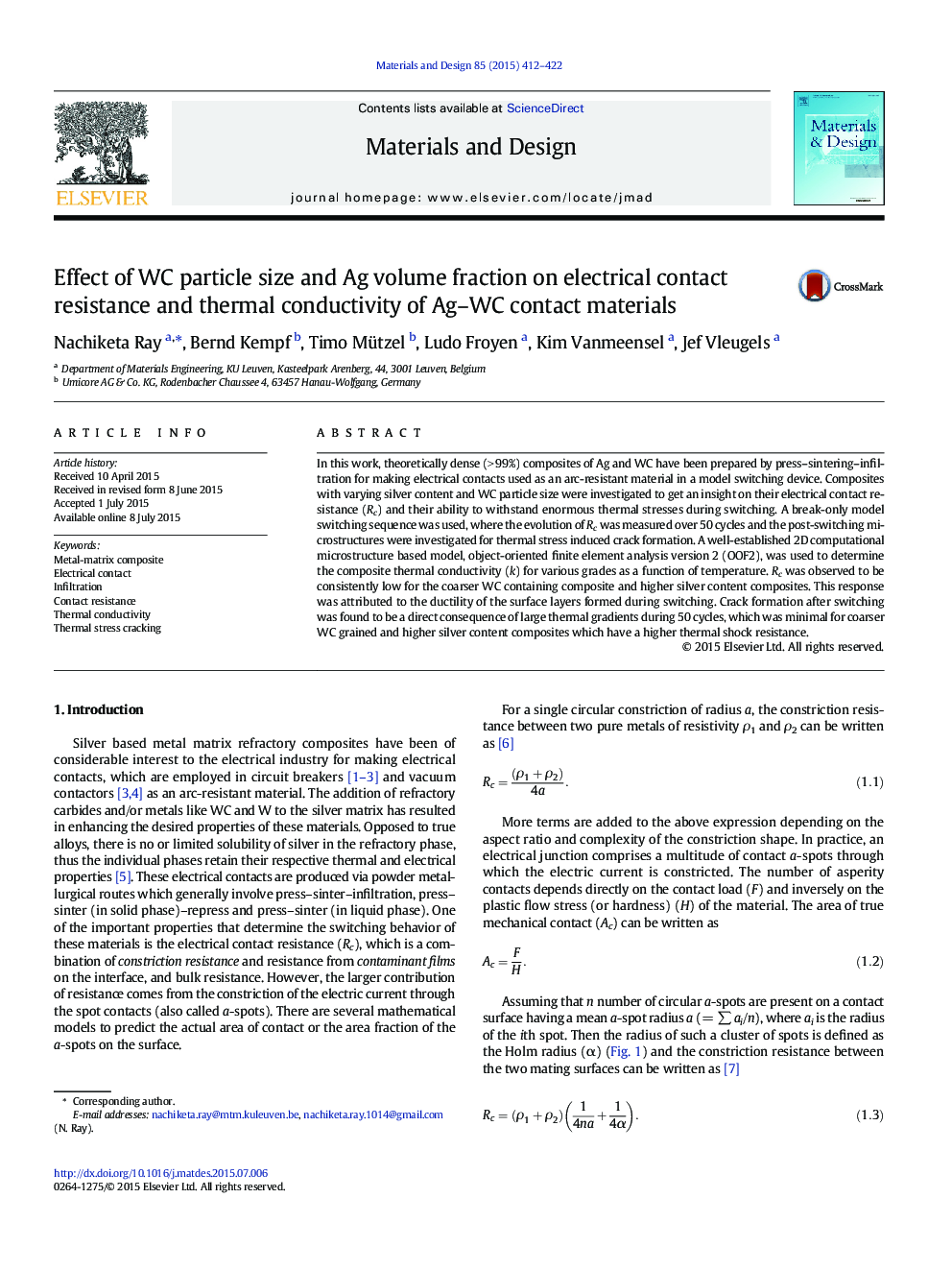 Effect of WC particle size and Ag volume fraction on electrical contact resistance and thermal conductivity of Ag–WC contact materials