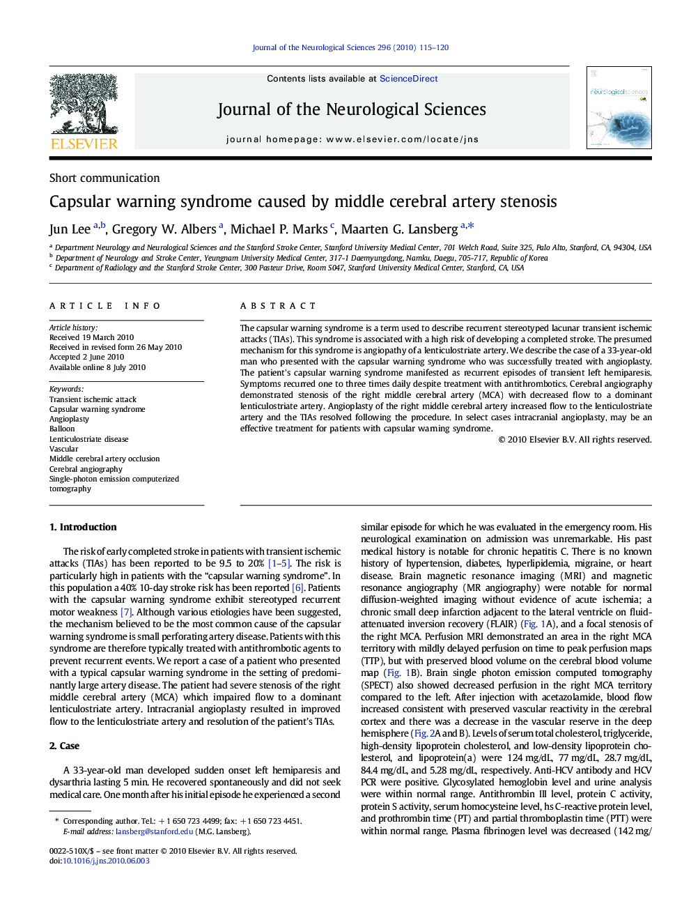 Capsular warning syndrome caused by middle cerebral artery stenosis