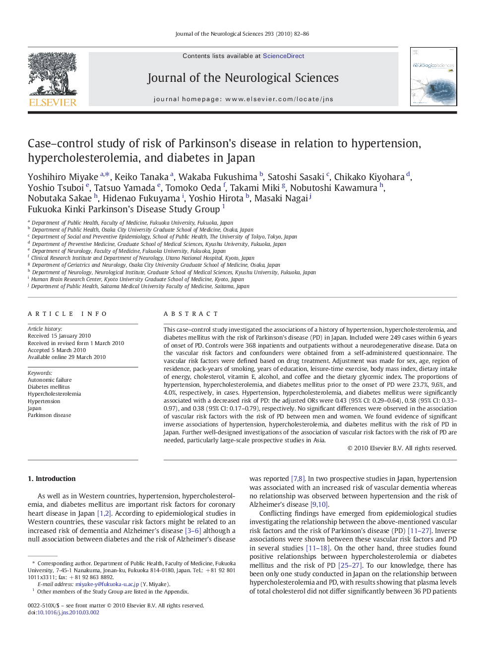 Case-control study of risk of Parkinson's disease in relation to hypertension, hypercholesterolemia, and diabetes in Japan