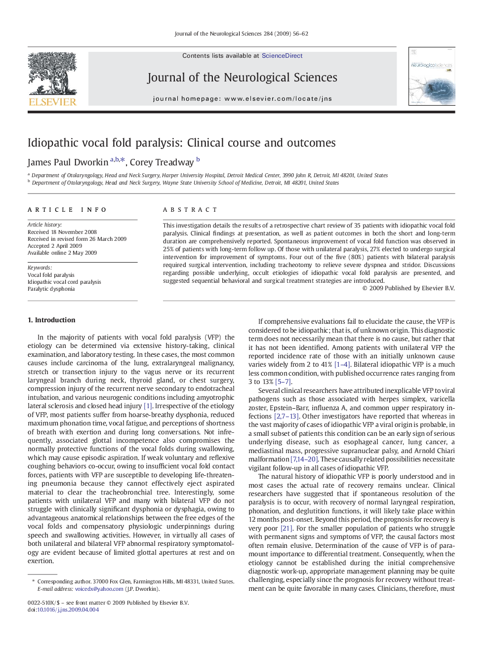 Idiopathic vocal fold paralysis: Clinical course and outcomes