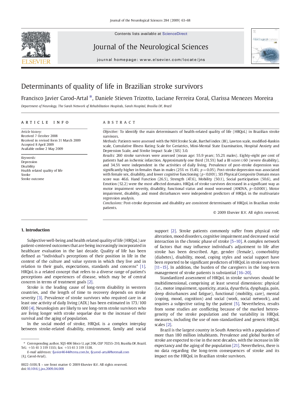 Determinants of quality of life in Brazilian stroke survivors