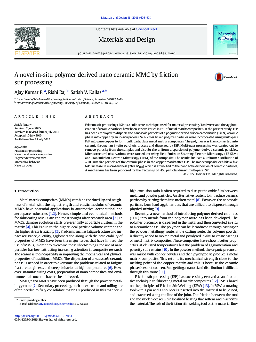 A novel in-situ polymer derived nano ceramic MMC by friction stir processing