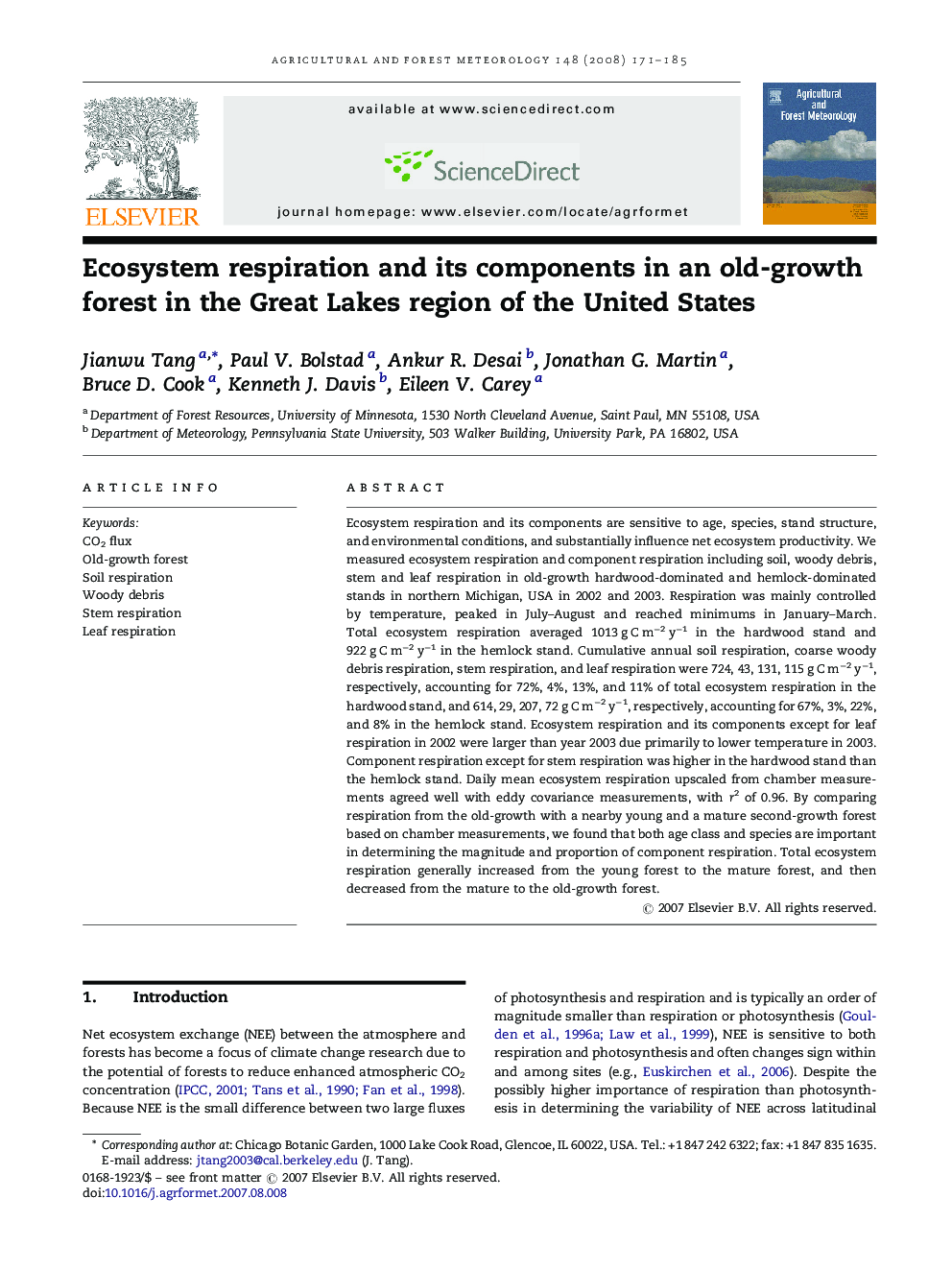 Ecosystem respiration and its components in an old-growth forest in the Great Lakes region of the United States