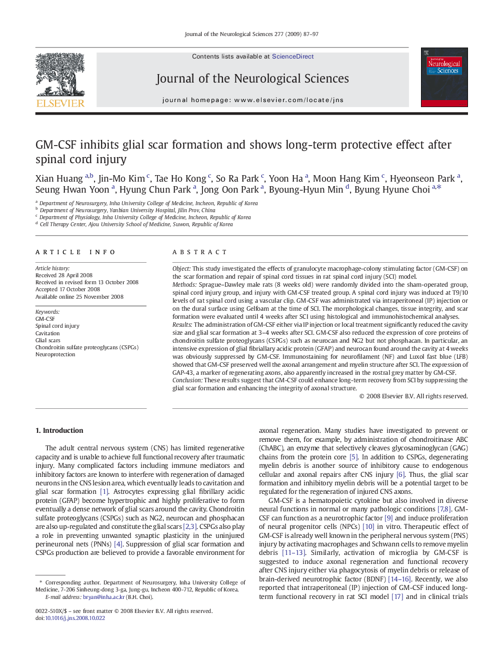 GM-CSF inhibits glial scar formation and shows long-term protective effect after spinal cord injury