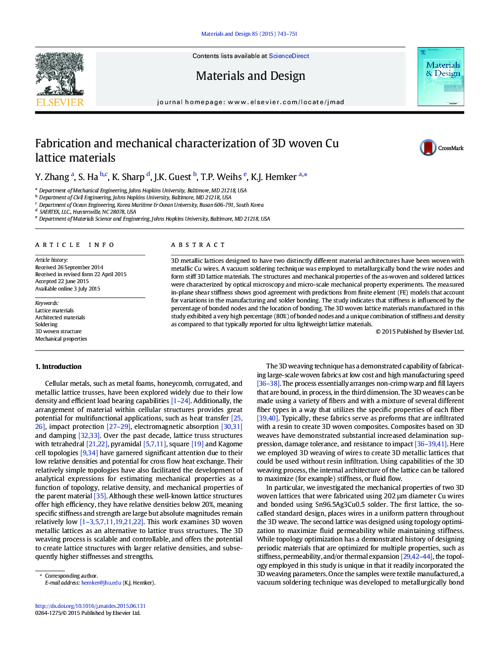 Fabrication and mechanical characterization of 3D woven Cu lattice materials