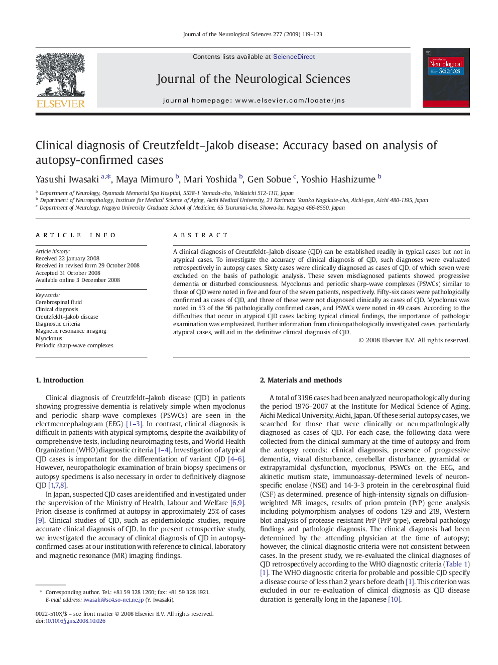 Clinical diagnosis of Creutzfeldt-Jakob disease: Accuracy based on analysis of autopsy-confirmed cases