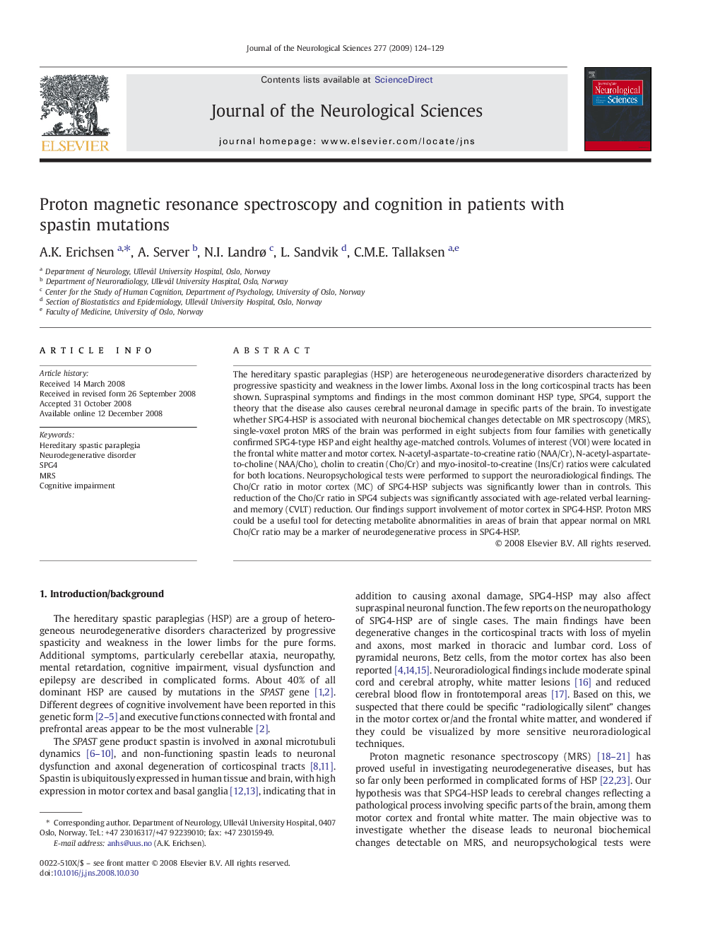 عکس صفحه اول مقاله: Proton magnetic resonance spectroscopy and cognition in patients with spastin mutations Proton magnetic resonance spectroscopy and cognition in patients with spastin mutations