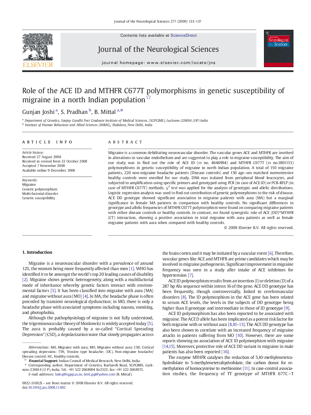 Role of the ACE ID and MTHFR C677T polymorphisms in genetic susceptibility of migraine in a north Indian population