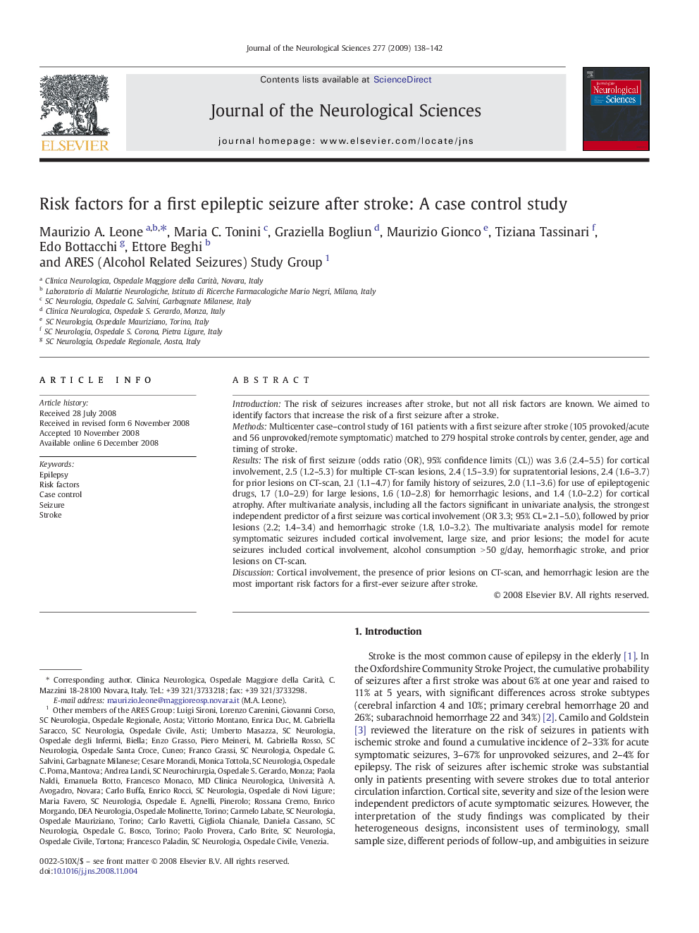 Risk factors for a first epileptic seizure after stroke: A case control study