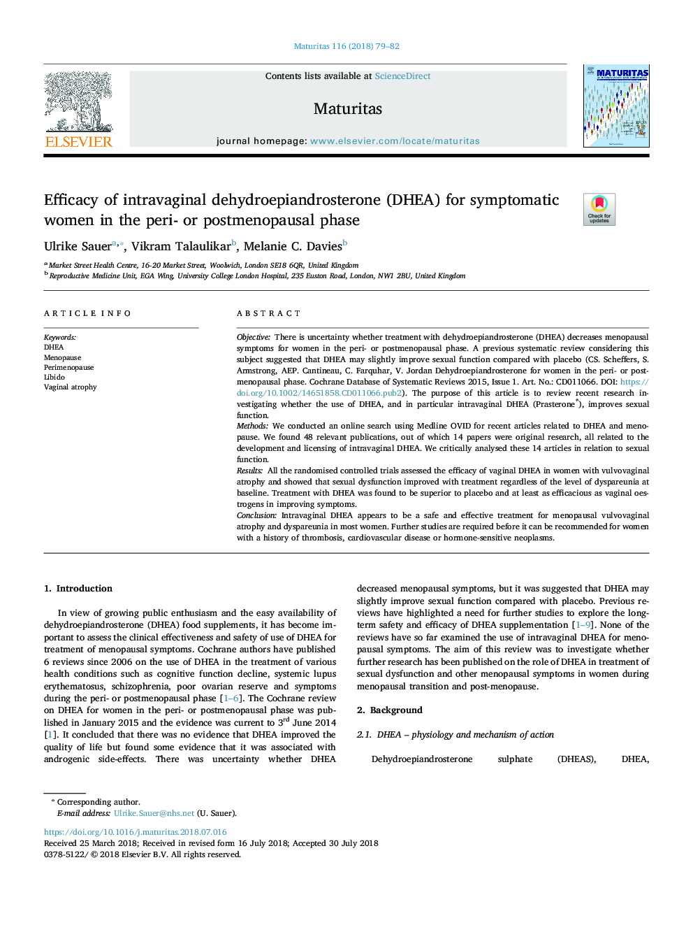 Efficacy of intravaginal dehydroepiandrosterone (DHEA) for symptomatic women in the peri- or postmenopausal phase