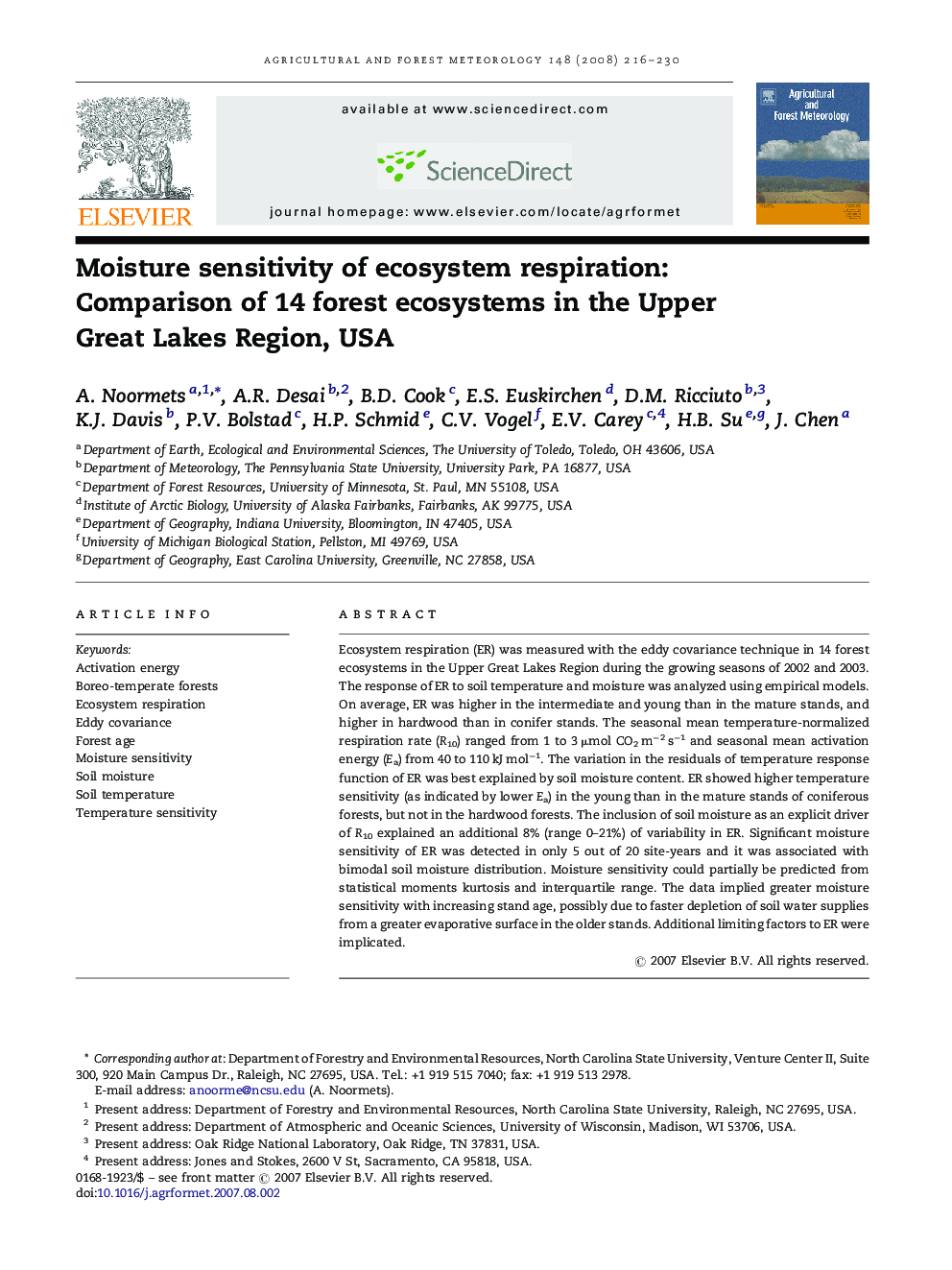 عکس صفحه اول مقاله: Moisture sensitivity of ecosystem respiration: Comparison of 14 forest ecosystems in the Upper Great Lakes Region, USA Moisture sensitivity of ecosystem respiration: Comparison of 14 forest ecosystems in the Upper Great Lakes Region, USA