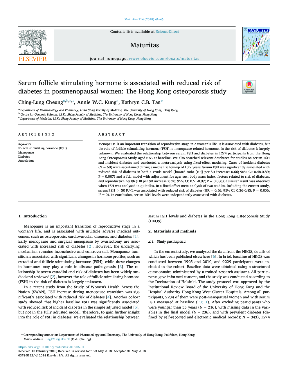 Serum follicle stimulating hormone is associated with reduced risk of diabetes in postmenopausal women: The Hong Kong osteoporosis study