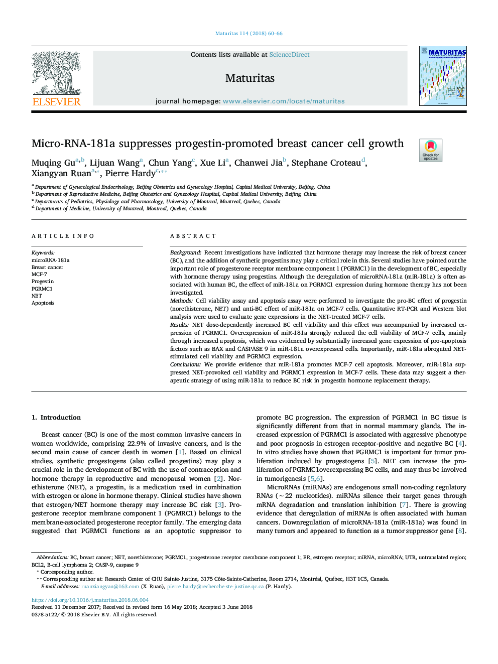 Micro-RNA-181a suppresses progestin-promoted breast cancer cell growth