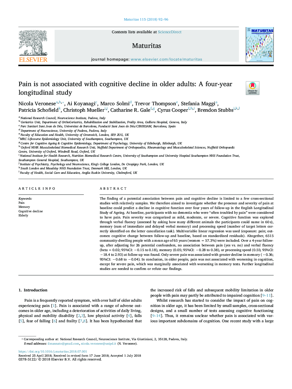 Pain is not associated with cognitive decline in older adults: A four-year longitudinal study