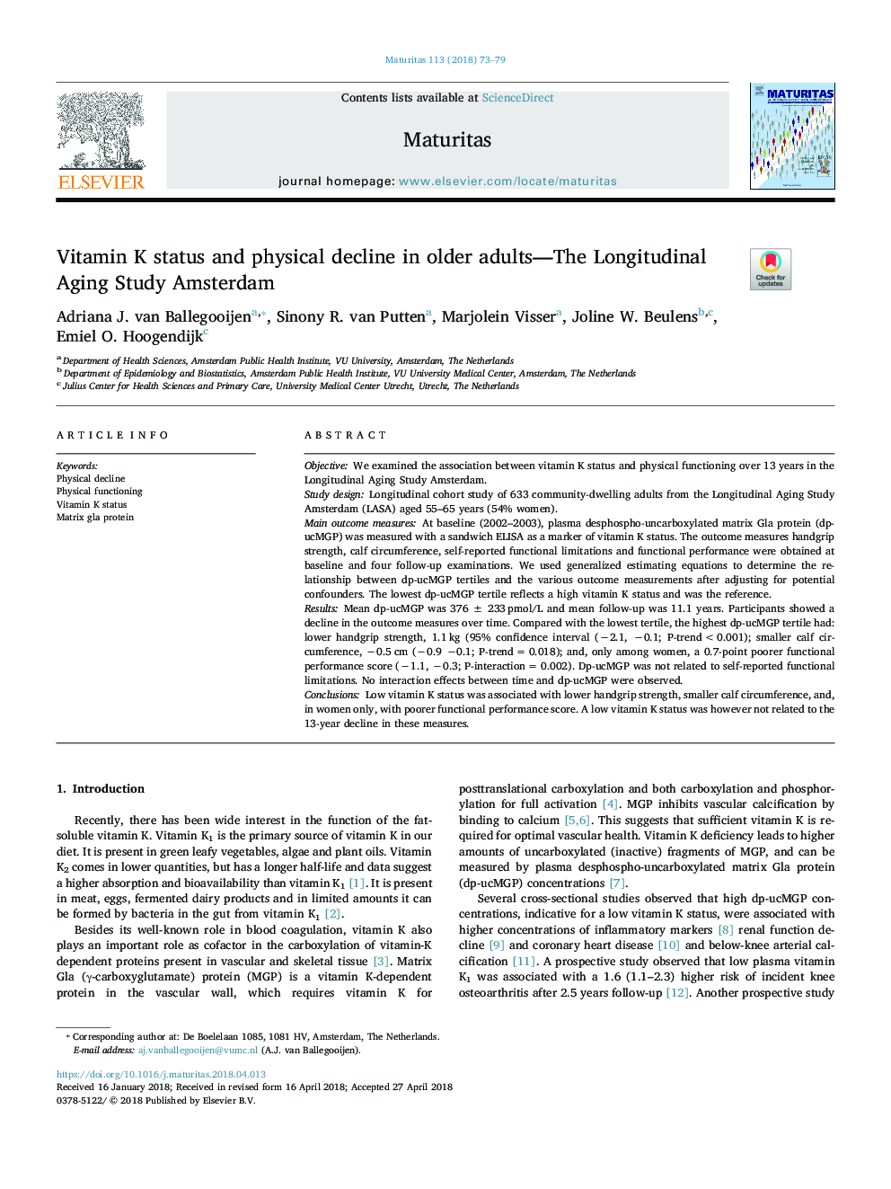 Vitamin K status and physical decline in older adults-The Longitudinal Aging Study Amsterdam